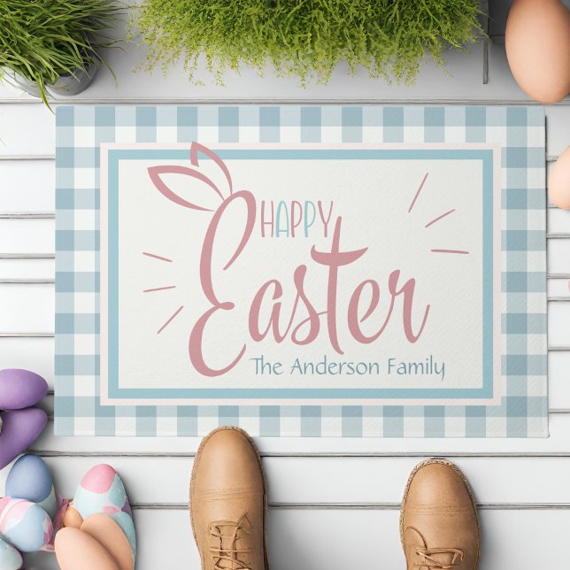 Country Blue Gingham Happy Easter Personalized Doormat (Country Blue Gingham Happy Easter Personalized Doormat)