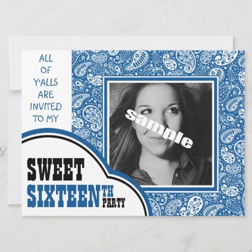 Country Blue Paisley Girl Photo Sweet 16th Party Invitations