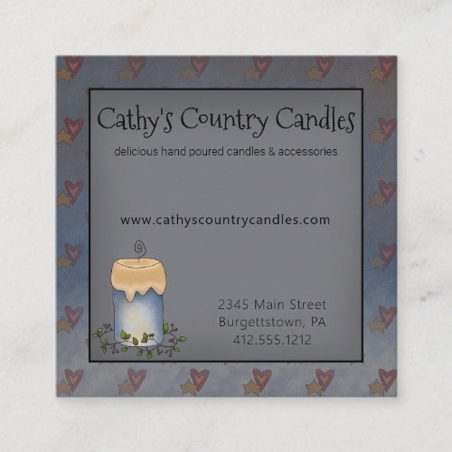 Country Blue Primitive Candle Hearts and Stars  Square Business Card