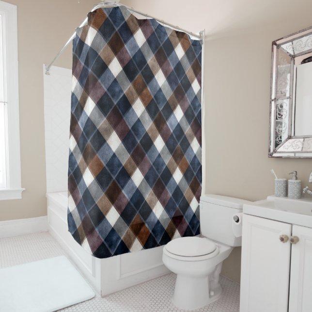 Country Blue Red White Grey Squares   Shower Curtain (In Situ)