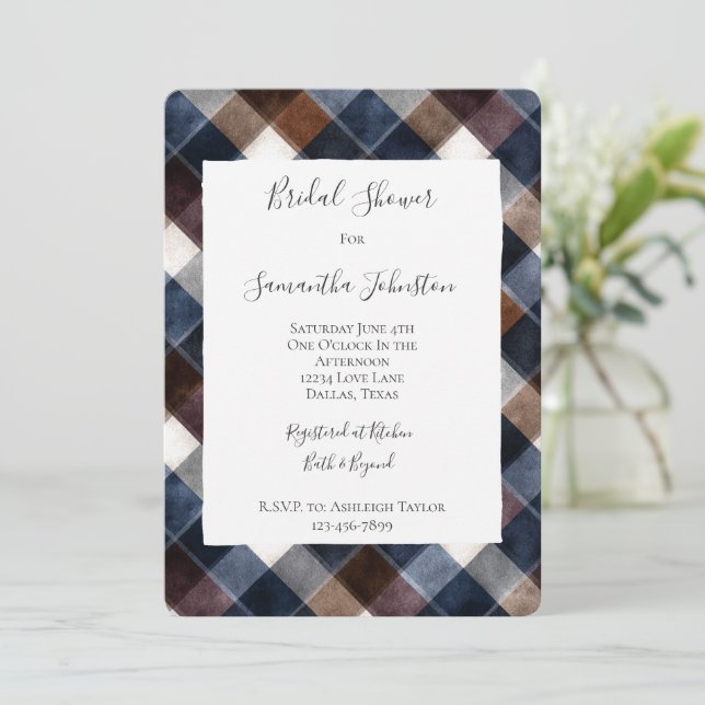 Country Blue Red White Squares Bridal Shower Invitation (Standing Front)