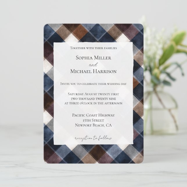 Country Blue Red White Squares Wedding Invitation (Standing Front)