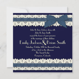 Country blue ribbon lace wedding invitations