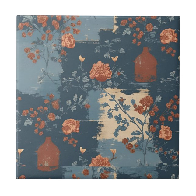 Country Blue Rust Rustic Farmhouse Short Ceramic Tile (Front)