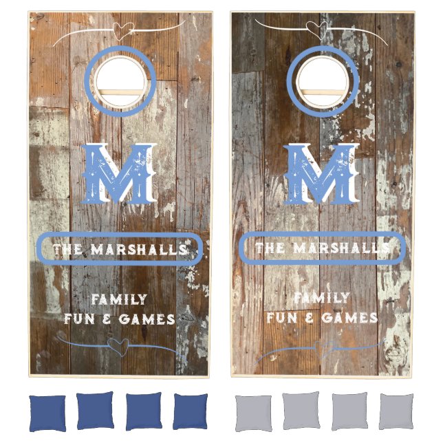 Country Blue Rustic Monogram Wood Board Cornhole Set (Set)