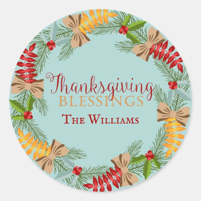 Country Blue Thanksgiving Wreath Classic Round Sticker (Front)