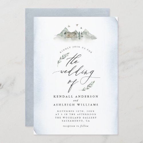 Country Blue Watercolor Leaves  Mountain Wedding Invitation