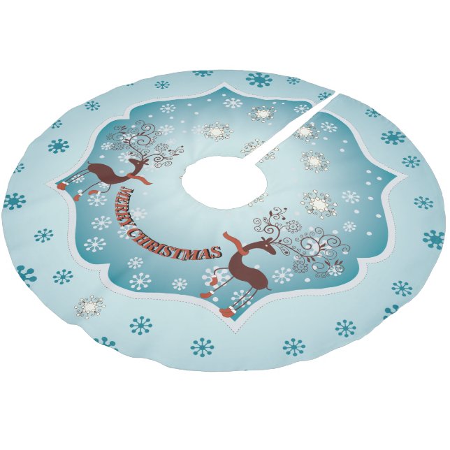 Country Blue Whimsical Reindeer Brushed Polyester Tree Skirt (Angled)