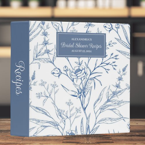 Country Blue  White Floral Bridal Shower Recipe  3 Ring Binder