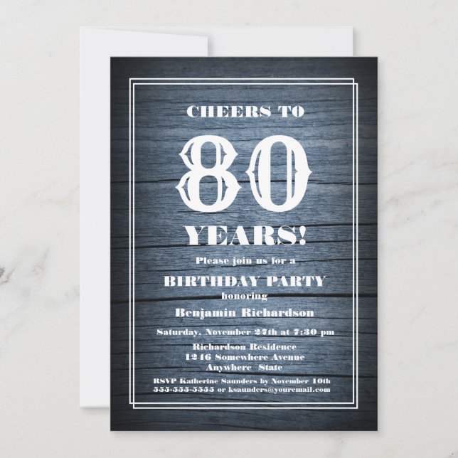 Country Blue Wood 80th Birthday Party Invitation (Front)