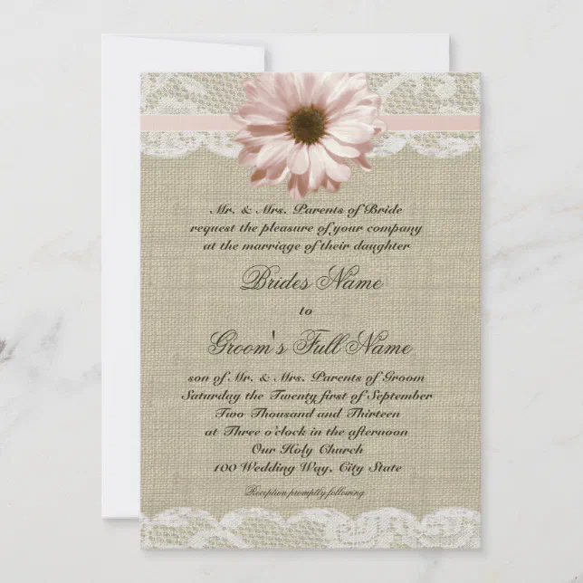 Country Blush Daisy and Lace Rustic Burlap Wedding Invitation | Zazzle