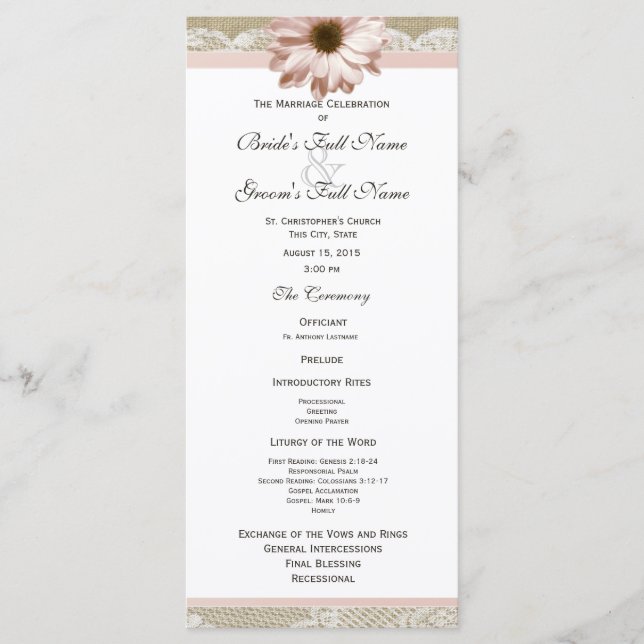 Country Blush Daisy and Lace Wedding Program (Front)