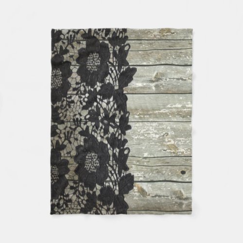 country bohemian Black lace old rustic barn wood Fleece Blanket