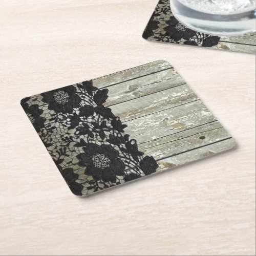 country bohemian Black lace old rustic barn wood Square Paper Coaster