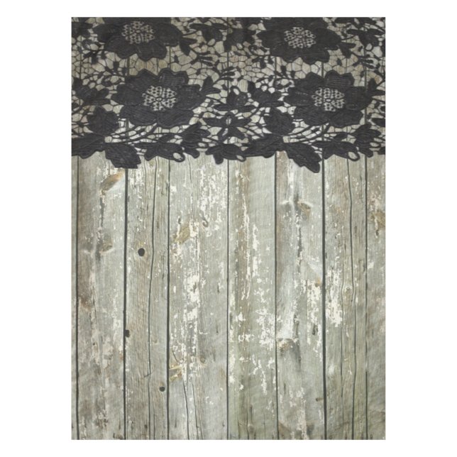 country bohemian Black lace old rustic barn wood Tablecloth (Front)
