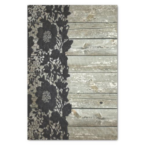 country bohemian Black lace old rustic barn wood Tissue Paper