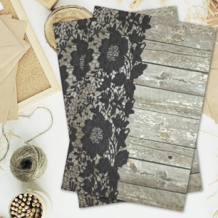 country bohemian Black lace old rustic barn wood Tissue Paper