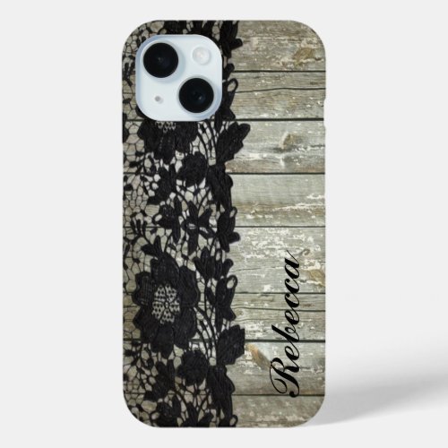 country bohemian Black lace old rustic barnwood iPhone 15 Case