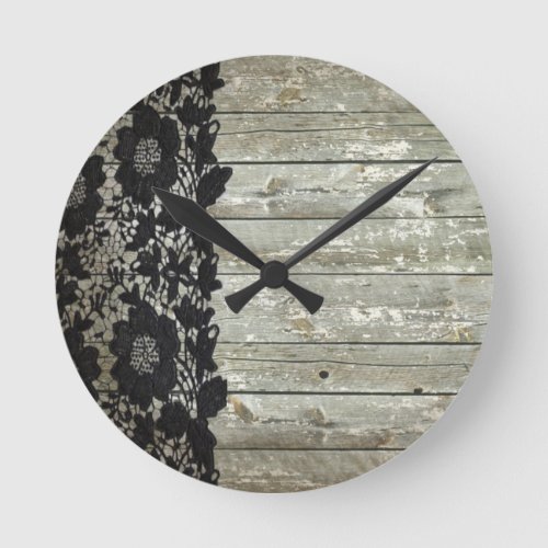 country bohemian Black lace old rustic barnwood Round Clock