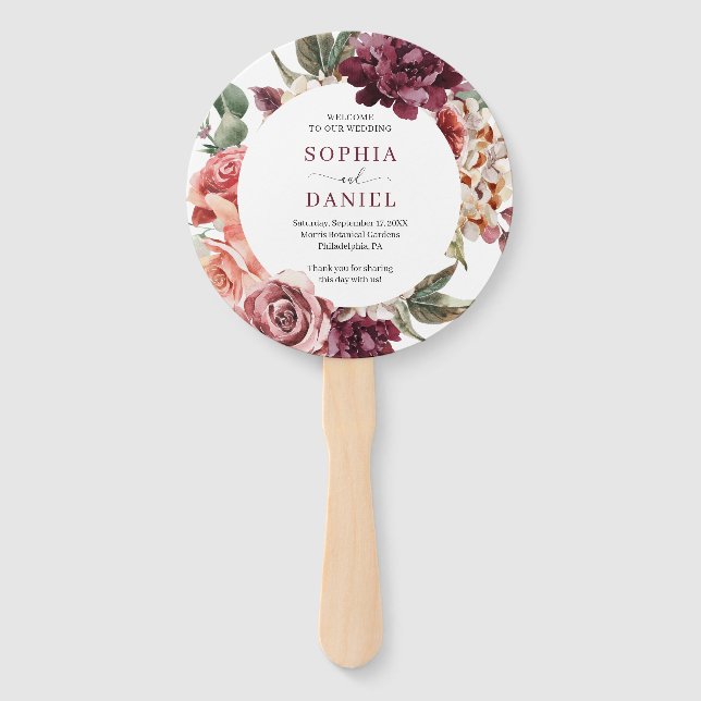 Country Boho Rose Round Gold Wedding Program Fan (Front)