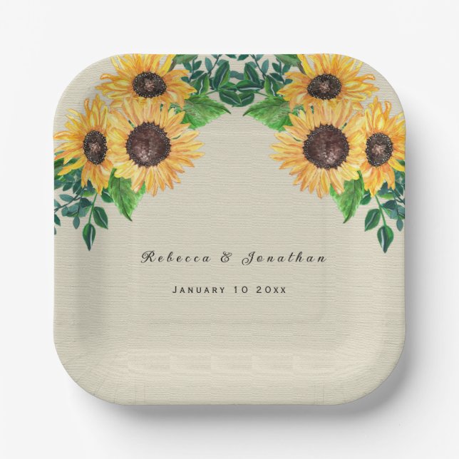Country Boho Sunflower Wedding Paper Plates (Front)