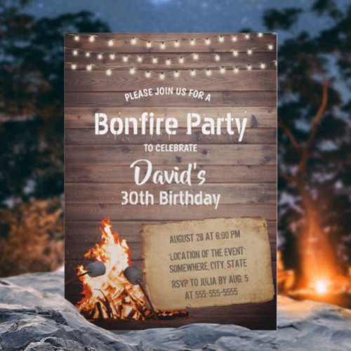 Country Bonfire Party Rustic String Light Birthday Invitation
