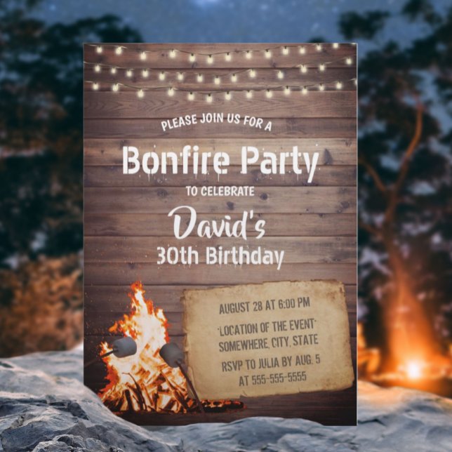 Country Bonfire Party Rustic String Light Birthday Invitation