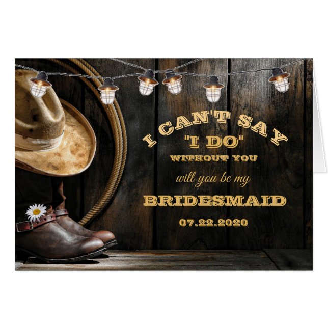 Country Boots Hat Barn Wood Bridesmaid Request Cards (Front Horizontal)
