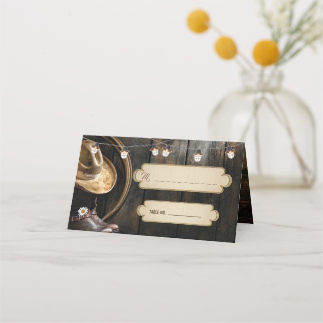 Country Boots Hat & Barn Wood Folded Place Card (Front)