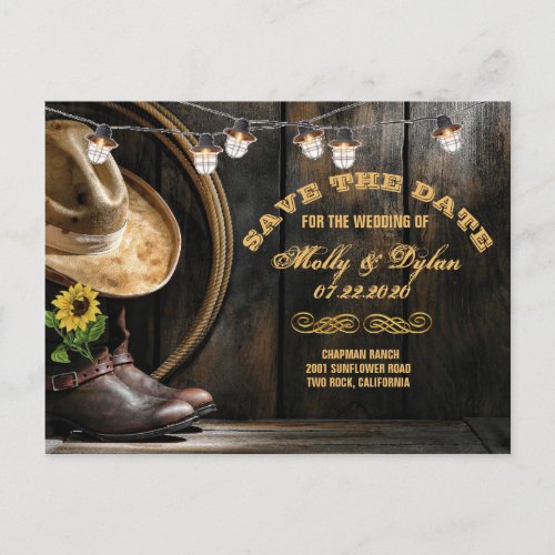 Country Boots Hat  Barn Wood Save the Date Announcement Postcard