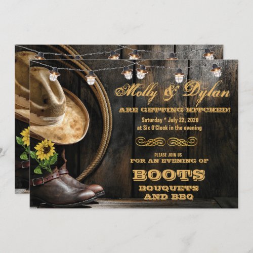 Country Boots Hat  Barn Wood Wedding Invitations