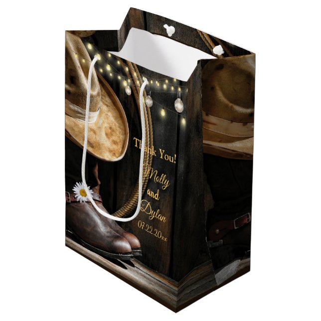 Country Boots, Hat & Barn Wood Wedding Medium Gift Medium Gift Bag (Front Angled)