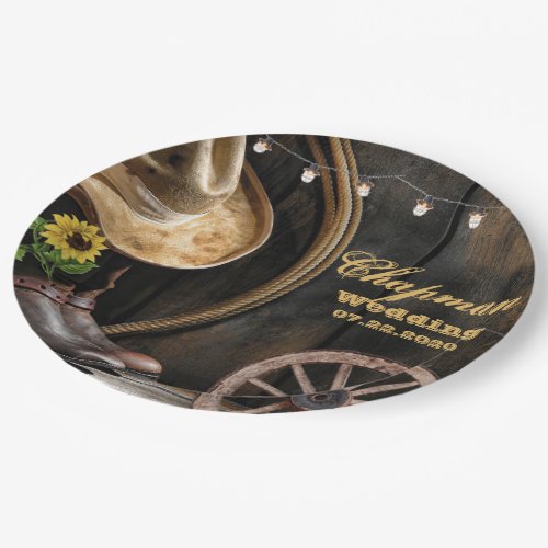 Country Boots Hat Barn Wood Wedding Paper Plates