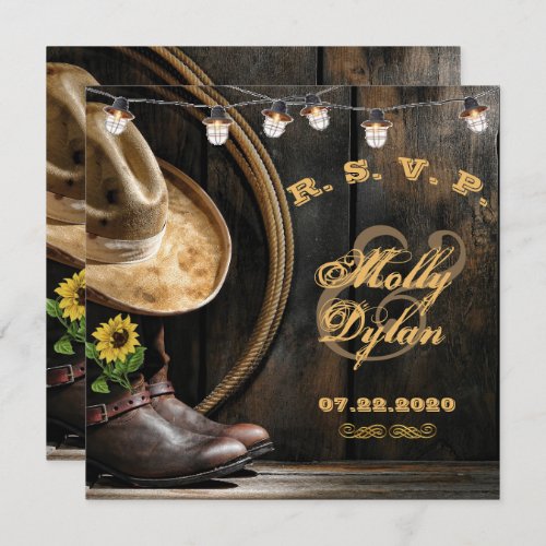 Country Boots Hat  Barn Wood Wedding RSVP Card
