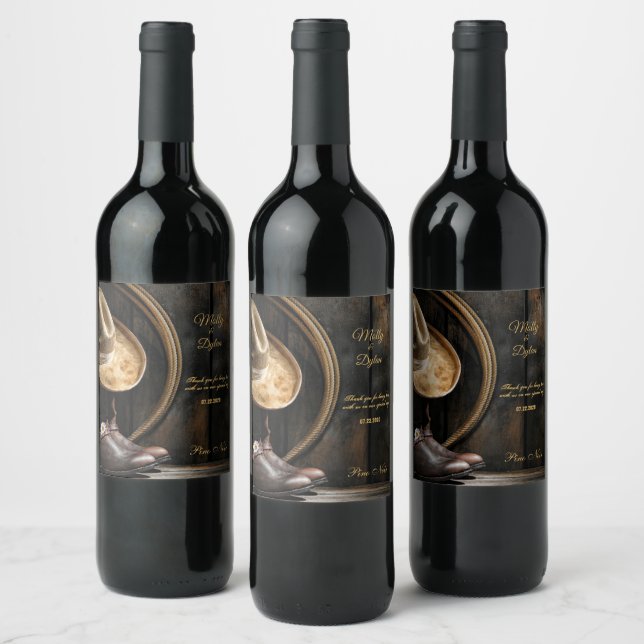 Country Boots Hat Barn Wood Wedding  Wine Label (Bottles)