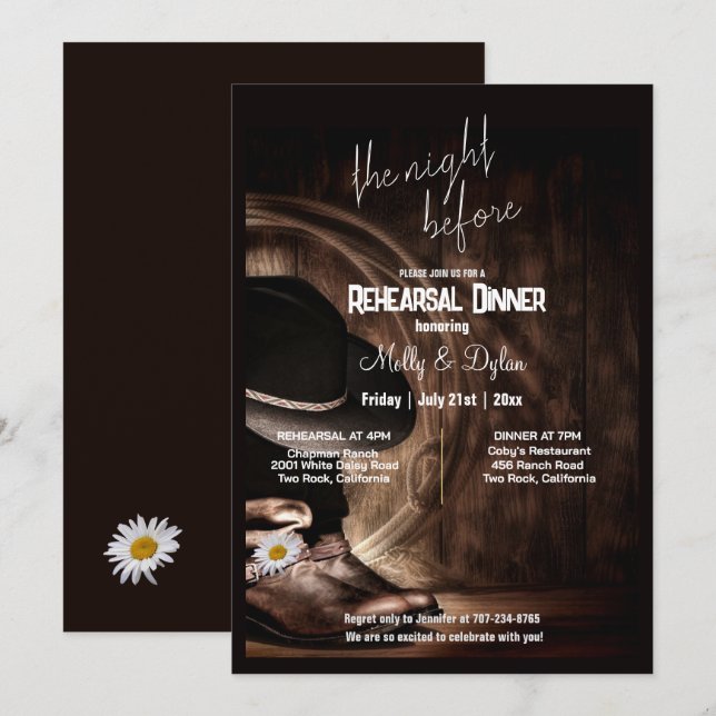 Country Boots, Hat & Barnwood Rehearsal Dinner Invitation (Front/Back)