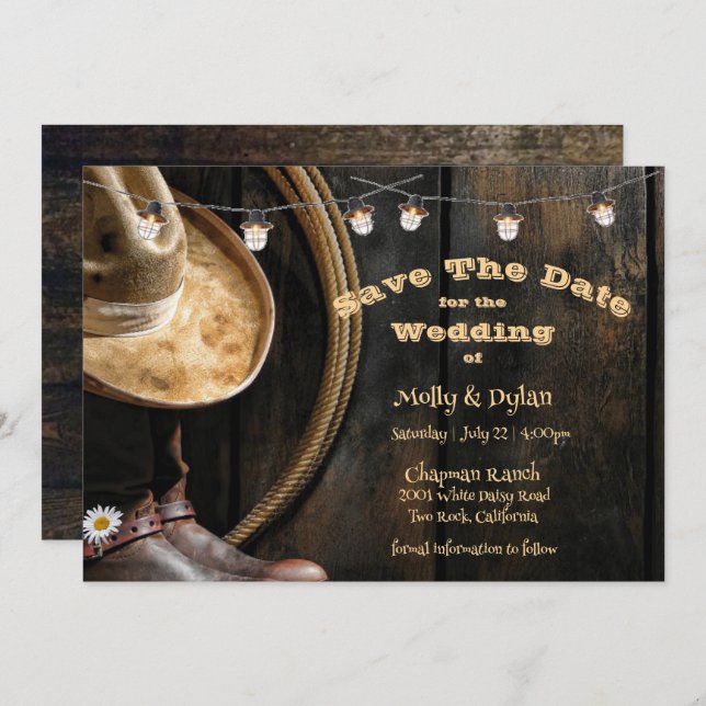 Country Boots Hat & Barnwood Save The Date Invitation (Front/Back)