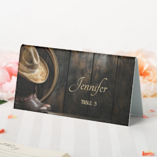 Country Boots, Hat & Barnwood Wedding Table Tent