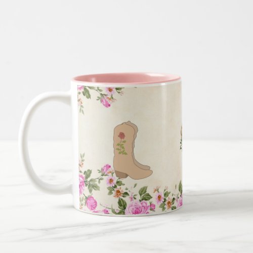 Country Boots  Horseshoe with Flowers on Beige Two_Tone Coffee Mug