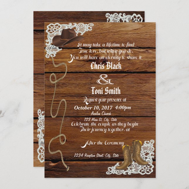 Country Boots & Lace Wedding Invite (Front/Back)