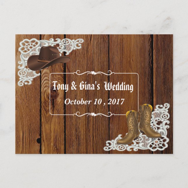 Country Boots & Lace Wedding RSVP Invitation Postcard (Front)