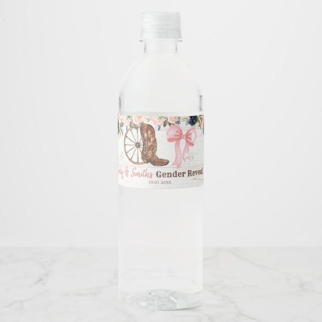 Country Boots or Bows Gender Reveal Water Bottle Label (Front)