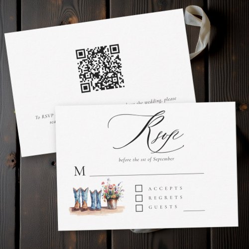 Country Boots Wildflowers Rustic Chic QR Wedding RSVP Card