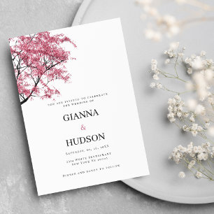 Country botanic pink sakura tree foliage wedding invitation