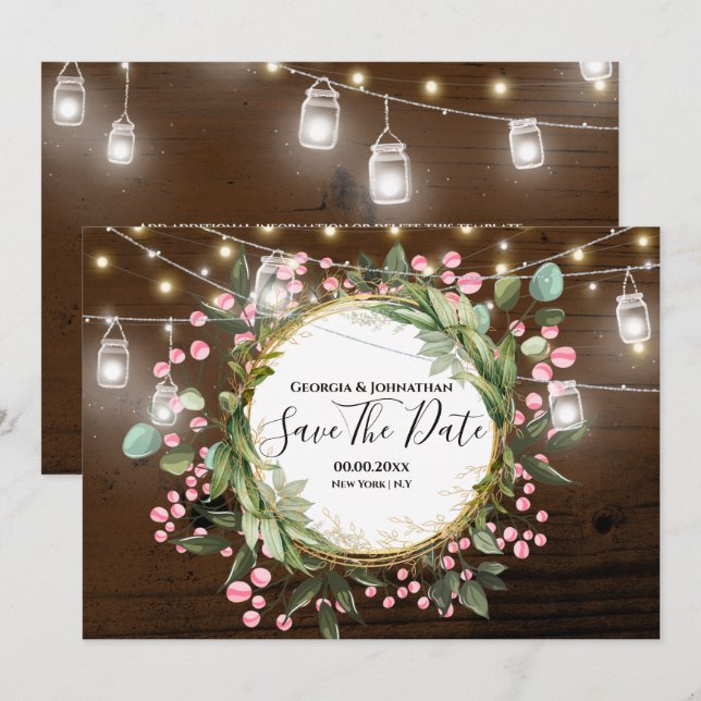 Country botanical flower string lights brown wood save the date (Front/Back)