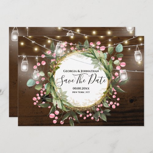 Country botanical flower string lights brown wood save the date