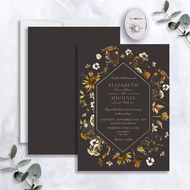 Country Botanical Rustic Sunflowers Wedding Gold Foil Invitation (Creator Uploaded)