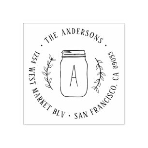 Country Branch & Mason Jar Initial Return Address Rubber Stamp