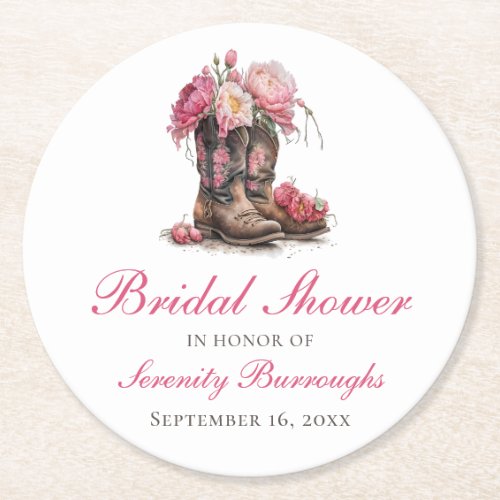 Country Bridal Shower Peonies Cowboy Boots Western Round Paper Coaster
