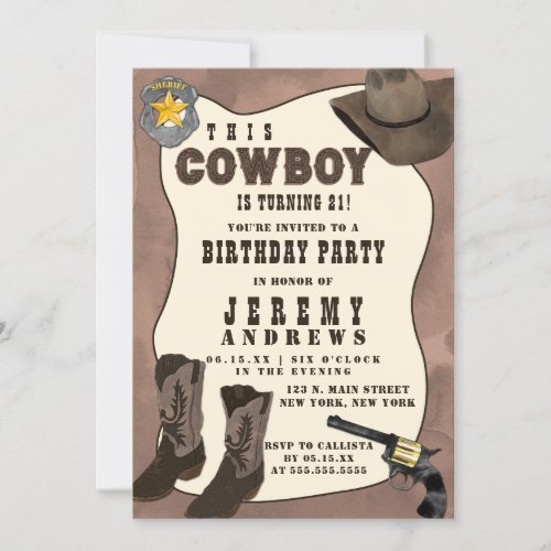 Country Brown Cowboy Watercolor Birthday Invitation